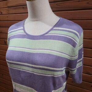 Y2K Womens Size Large Striped Short Sleeve Silk Boxy Top Whimsy Spring Capsual